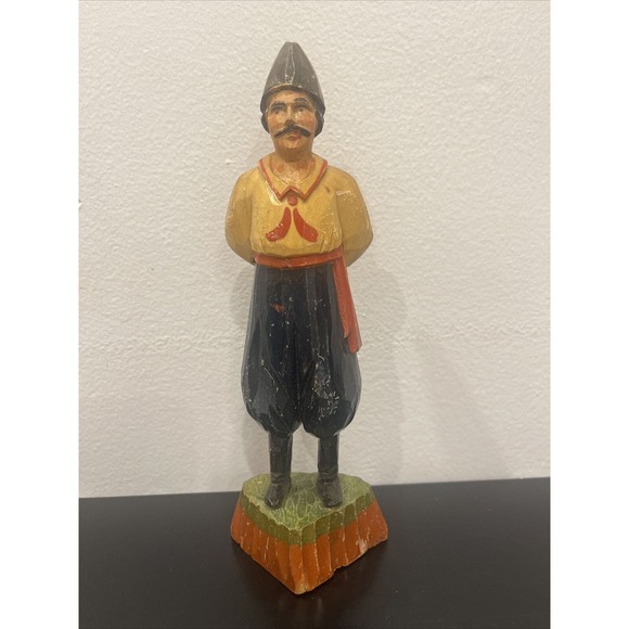 Polychrome figure cossack hat vtg hand Carved painted sculpture Russian man old